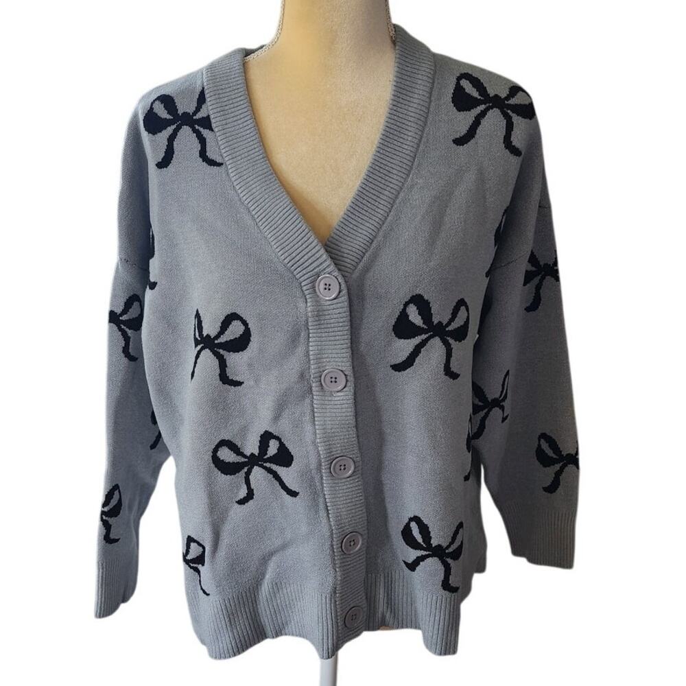 Nikka K Gray with Black Bows Button Down Sweater Size 2X